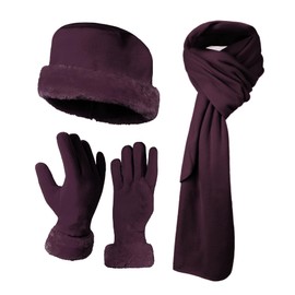 3 Pieces Set Matching Hat, Gloves and Scarf for Woman. Solid Colors - Plum