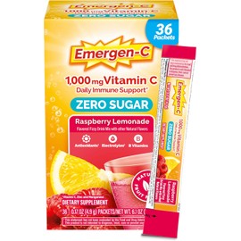 Emergen-C Zero Sugar 1000 mg Vitamin C Powder for Daily Immune Support Caffeine Free Vitamin C Supplements with Zinc and Manganese, B Vitamins and Electrolytes, Raspberry Lemonade Flavor - 36 Count