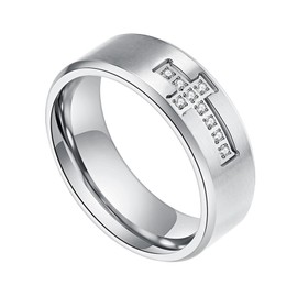 Flongo Men's Cross Ring Silver: Stainless Steel Men's Ring 8 mm Rings with Cross Rhinestone Vintage Silver Ring Jesus Prayer Jewellery Punk Christian Cross with Diamonds Zirconia Gift for Women Men,