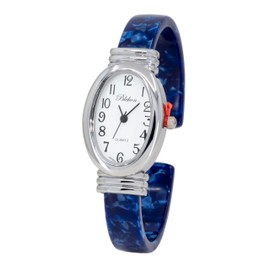 Blekon Collections Women's Round, Oval, Rectangle Case Shapes Acrylic Tortoise Shell Color Design Cuff Bangle Watch (Silver/White/BluePearl/Oval)