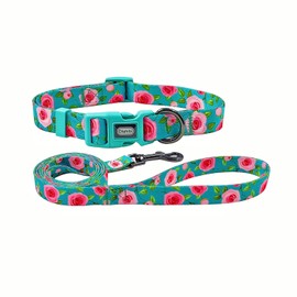 Olahibi Dog Collar and Leash Set, Rose Pattern, Polyester Material, 5ft Matching Leash, for Small Dogs.(S, Green Rose Set)
