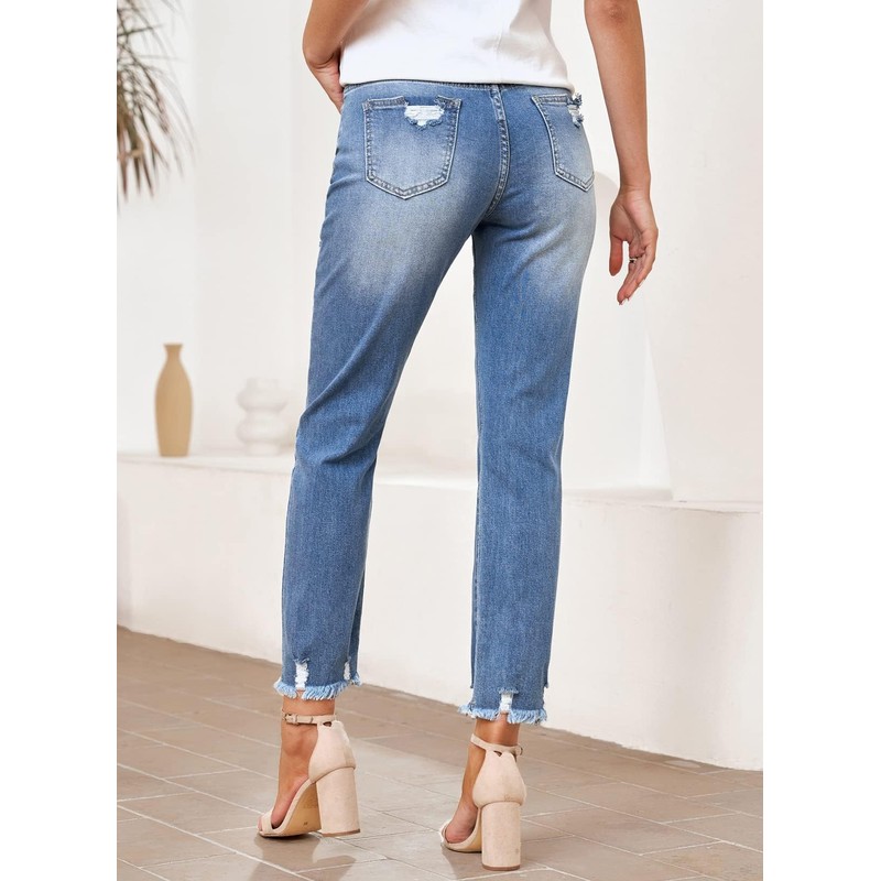 EVALESS Womens Jeans Stretchy High Waisted Pull On Ripped Distressed