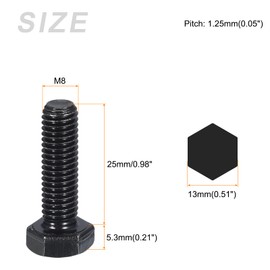 METALLIXITY Hex Bolts (M8-1.25x25mm) 20Pcs, 8.8 Grade Carbon Steel Fully Threaded Black Oxide, Coarse Thread UNC Hex Head Screw Bolt - for Furniture Repair