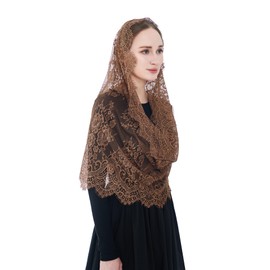 Wgior Spanish Infinity Veils for Church Lace Chapel Veils Catholic Church Veil Latin Mass Head Covering Scarf Mantilla (Brown)