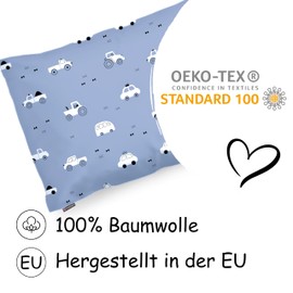 PinkZebra Children's Pillowcase 25 x 50 cm 100% Cotton Cushion Cover Boys Oeko-Tex Standard 100 Children's Covers with Zip Cars Blue