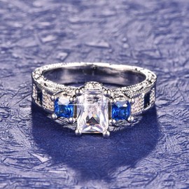 Merthus 925 Sterling Silver Engagement Rings Radiant Cut Solitaire Cubic Zirconia CZ Wedding Promise Rings for Her 3 Stone Wedding Band for Women Size 9