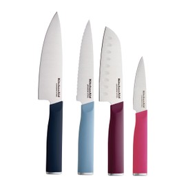 KitchenAid 4-Piece Chef Knife Set with Blade Covers, 6-Inch Chef Knife, 5-Inch Santoku, 5.5-Inch Serrated Utility, 3.5-Inch Paring High-Carbon Japanese Steel, Assorted Colors