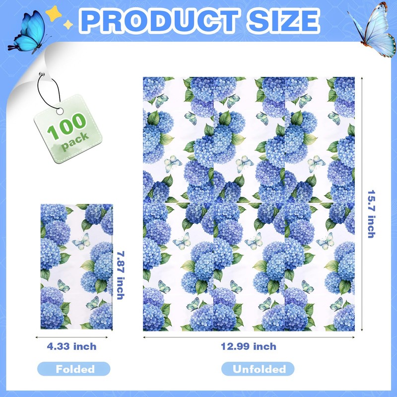 100Pcs Hydrangea Paper Napkins, Bathroom Napkins Guest Disposable