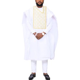 TIDOIRSA Dashiki for Men, Boubou Caftan Embroidery African Mens Clothing Dashiki Shirts and Pants Outfits 3 Pieces Set(White,L)