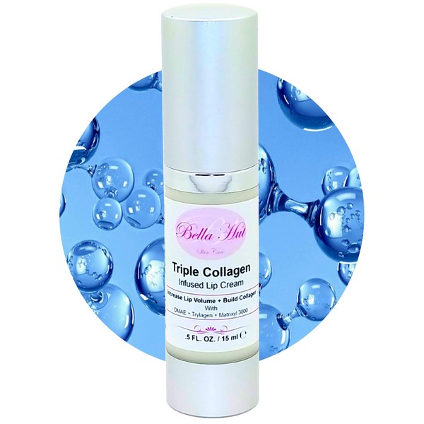 Bellahut's Triple Collagen Infused Lip Cream (.5 OZ Airless Pump Bottle), helps to plump, redefine lip lines and reduce wrinkles around the lips using DMAE, Try-lagen, Hyaluronic Acid & Matrixl 3000