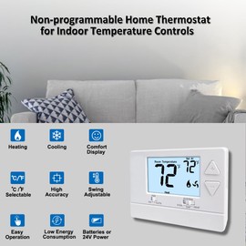NonProgrammable Thermostat for Home,Single-Stage Systems,Digital Energy-Saving Thermostat,1 Heat/1 Cool, Easy DIY Install, White Backlight