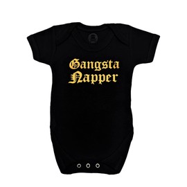 Funky Baby Grow GANGSTA NAPPER for Boys or Girls | Hip Hop Rap Baby Vest / Black & Gold Neutral Bodysuit - Baby Gifts, Twin, Cool Parents Gift - BABY MOO'S UK (0-3 months)