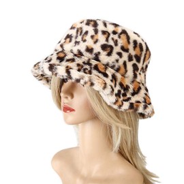 Women's Leopard Print Faux Fur Bucket Hat Fluffy Winter Warmer Plush Fisherman Cap