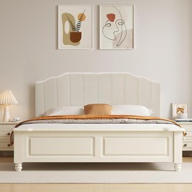 Keydo Velvet Upholstered Headboard King Size with Sturdy and Durable Metal Leg, Adjustable Height from 38” to 44”, Modern Linear Design, Beige