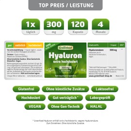 Hyaluron, High Dose, 300 mg – 120 Capsules, Vegan. 300 mg Pure Hyaluronic Acid per Capsule – Obtained by Natural Fermentation. Without Artificial Additives – Laboratory Tested From Greenfood.