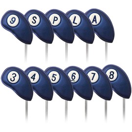 Golf Headcovers Set Value 11 Pieces for Golf Iron, Faux Leather Deluxe Headcovers Black Blue Red Golf Club Covers, Professional Durable Club Headcovers Fit All Brand Clubs (Blue)