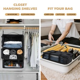 Surblue Hanging Shelves Travel Storage Bag Compression Packing Cube for Suitcase Portable Closet Organizer Collapsible with Extension Layer Large Capacity,Black,XXL