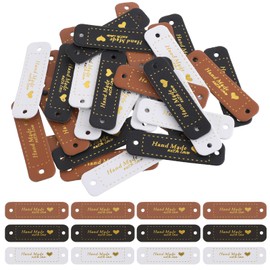 Piriuuo Pack of 30 Handmade Labels, PU Handmade Label for Sewing, 5.5 x 1.5 cm, Handmade with Love PU Leather Sewing Labels for Jeans, Bags, Shoes, Hats, DIY Crafts (Brown, White, Black)