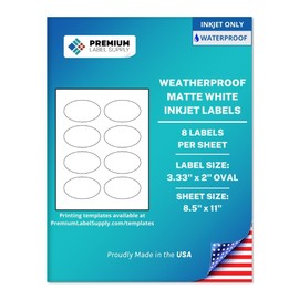 Premium Label Supply Waterproof Matte White Sticker Labels – 3.33" x 2" Oval – Inkjet Printers Only – (8 per Sheet), 10 Sheets - 80 Total Adhesive Labels