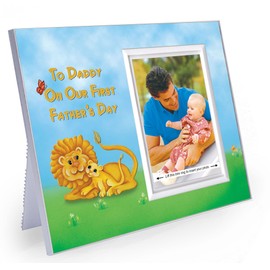 To Daddy on Our First Fathers Day Picture Frame | 1st Fathers Day Keepsake Photo Frame | Perfect for Dad's Desk Sized 8.25 x 5 in | Holds 3.5 x 5 Photo | Cute Photo Frame Colorful Lion & Baby design