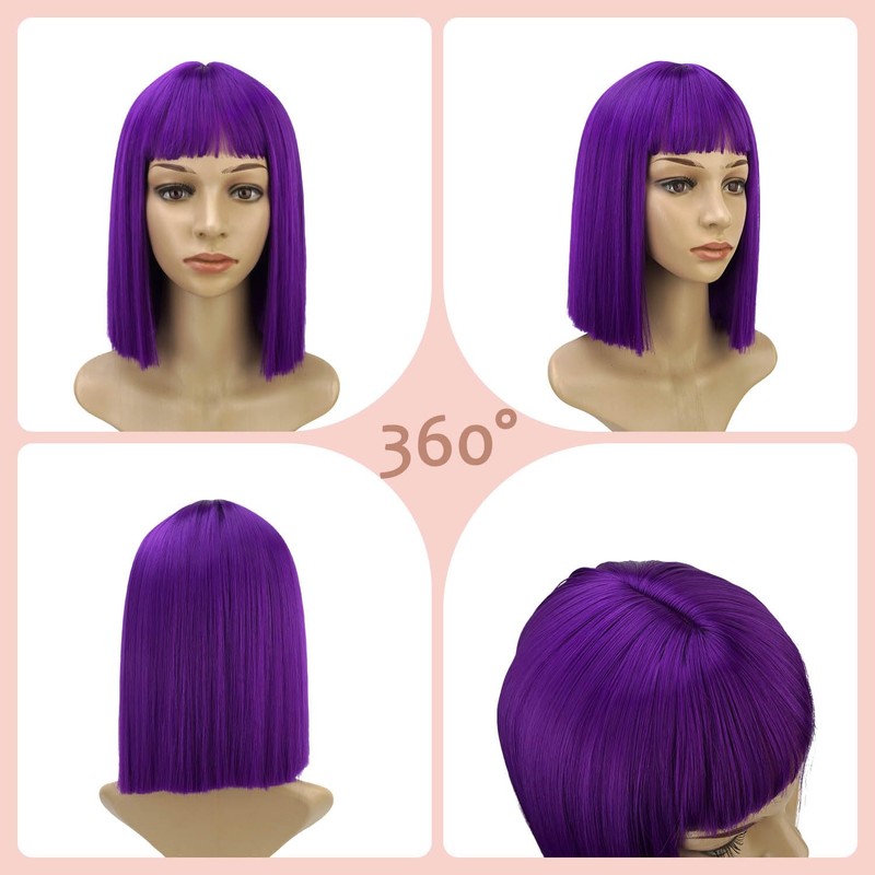 siswin Purple Short Straight Bob Wig with Bangs for Women(12inch,Purple)