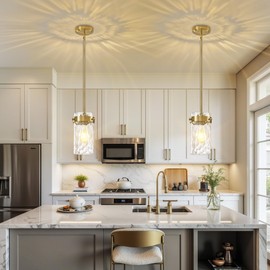 Brushed Gold Pendant Lights for Kitchen Island 4.72" Hammered Glass 2 Pack