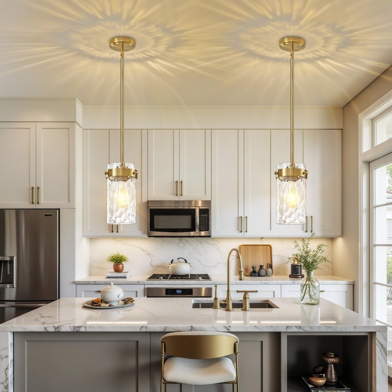 Brushed Gold Pendant Lights for Kitchen Island 4.72" Hammered Glass