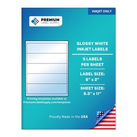 Premium Label Supply Glossy White Water Bottle Sticker Labels – NOT Waterproof – 8" x 2" – (5 per Sheet) (Glossy White for Inkjet Only, 125 Labels)