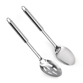 2pcs Stainless Steel Cooking Spoons Set, Large Serving Spoons Metal Slotted Silver Spoon for Cooking Silverware Cooking Utensils for Home Restaurant Dinner Stirring Mixing Serving