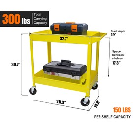 HPDMC 30in Large Steel Service Cart - Yellow - Utility Carts with Wheels - 2 Shelf - Metal - 300 lbs Capacity - Shop Rolling Tool Carts