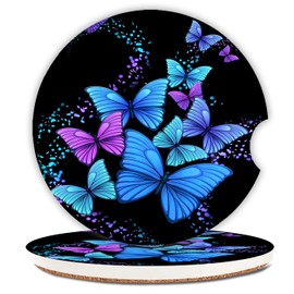 Blue Butterfly Absorbent Car Coasters,Cool Ceramic Cup Holders Coasters with a Finger Notch for Women Men 2.56"(2 Pieces)