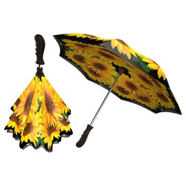 Designer Fashion Reverse Umbrella - Windproof Double Layer Inverted Umbrella - Self Stand Upside Down Umbrella Sunflowers Design - Inside Out Umbrella for Car - Vented Umbrella for Women