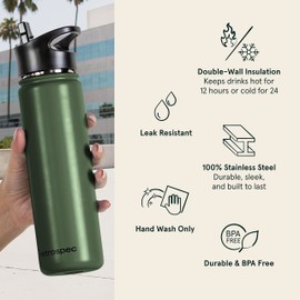 Retrospec Alder Insulated Water Bottle with Straw Lid & Handle Cap - Stainless Steel Wide Mouth Double-Wall Vacuum Insulated Thermos - BPA Free Leakproof Canteen - Olive Drab, 32oz