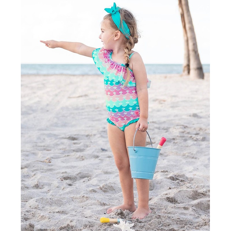 RuffleButts Girls UPF50+ Sun Protection One Shoulder Single Ruffle One