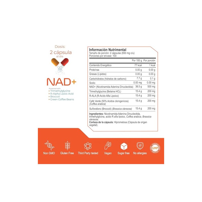 ETERNAL NUTRITION Essentials: NAD+ Puro con TMG y Alfa Lipoico