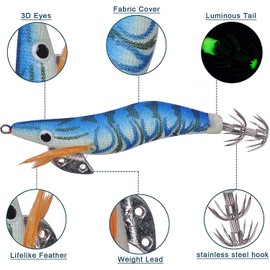 Squid Jigs Fishing Lures Luminous Tail Shrimps Prawn Bright Colors 3D Eyes Fishing Lures Baits Squid Hooks Tackle Hooks Size 3.94"/4.72"/5.51"