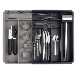 ANJUKE Silverware Organizer, Expandable Utensil Drawer Organize for Kitchen, Adjustable Cutlery Flatware Organizers for Spoons Forks Knives, Easy-cleaning, Black & Grey