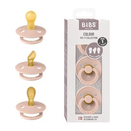 BIBS Chupones Try-it Colour, Pack de 3, Tetina de látex natural de formas variadas, Talle 1, Color Blush, 0 a 6 meses, Hecho en Dinamarca