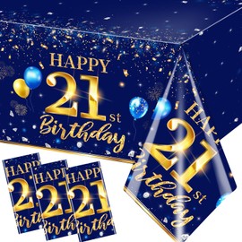 GREHUMOR 21st Birthday Decorations Men-3pcs Navy Blue 21st Birthday Table Covers Rectangle Waterproof Plastic Gold Blue Birthday Tablecloth for Men 21st Birthday Party Supplies