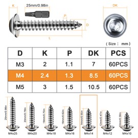 ddckj Pack of 60 Self Tapping Screws M4 x 14 mm Flat Head Self-Tapping Screws with Disc Washers Stainless Steel Screws Wood Full Thread Wood Screws Torx A2 V2A with T20 Drill