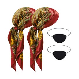 Durio Pirate Scarf for Women Pirate Accessories Satin Silk Bandana for Hair Wrapping Square Head Scarf with Eye Patches Set Red & Red One Size