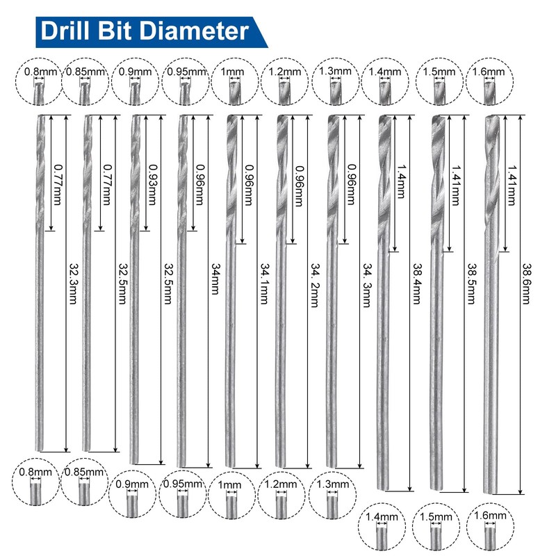 sourcing map 5Sets(100Pcs) 0.3-1.6mm Mini Twist Drill Bits, High-Speed Steel