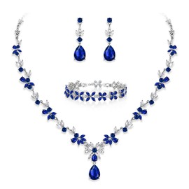 EVER FAITH Conjuntos de Joyería de Novia, Lágrima de Hojas de Flores Circonita Cúbica Collar y Arete Juego de Pulseras para Bodas y Fiestas para Mujeres Azul Tono Plateado