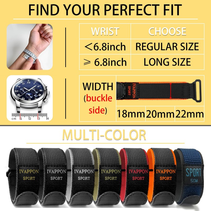 IVAPPON Sport Watch Band, Hook and Loop Nylon Strap, 20mm
