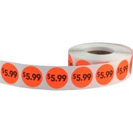 Fluorescent Red $5.99 Circle Dot Stickers, 3/4 Inch Round, 500 Labels on a Roll