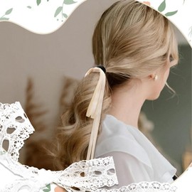 AOREAS 2PCS Silky Satin Tassel Ribbon Bow Ties - Long Tail Bowknot Bands, Stretchy Ponytail Holders for Women, Girls, Teens (Beige+Black)