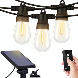 Brightech Ambience Pro Solar Powered Outdoor String Lights, 48ft Remote Control Commercial Grade Waterproof Patio Lights, 15 Edison Bulbs, Shatterproof LED String Lights for Outside - 1W Soft White