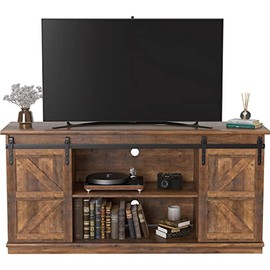 JUMMICO Farmhouse TV Stand for 65 Inch TV, Mid Century Modern Entertainment Center with Sliding Barn Doors and Storage Cabinets, Metal Media TV Console Table for Living Room Bedroom (Rustic Oak)