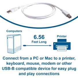 C2G USB Connection Cable, USB 2.0 A to B Cable, Plug and Play USB Hub with Long USB Extension Cable, 6.5 Foot USB Cable, White, C2G 13172