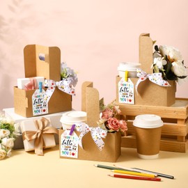 18 Set Teacher Appreciation Gifts Thank You 2 Cup Drink Carrier with Handle Kraft Paperboard Cup Holder with Clips Labels for Teacher Back to School Birthday Gifts(Thank You)